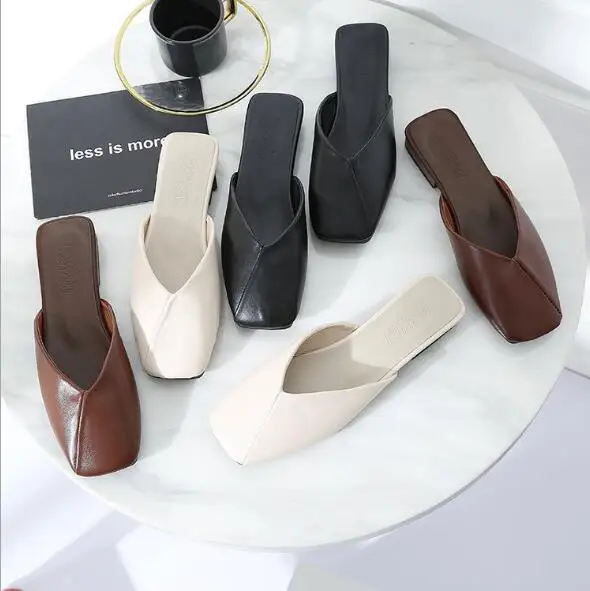 Women's Slippers Flat-bottomed Sandals Outside Wearing Baotou Low-Headed Square Shoes A186 | Обувь