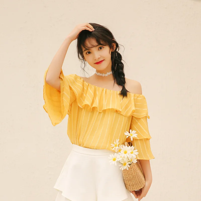 Strapless Short Sleeve Chiffon Shirt Women's Summer Slash Neck Sweet Chic Blouse Top Girl Flare Sleeves New Korean Shirts H9158