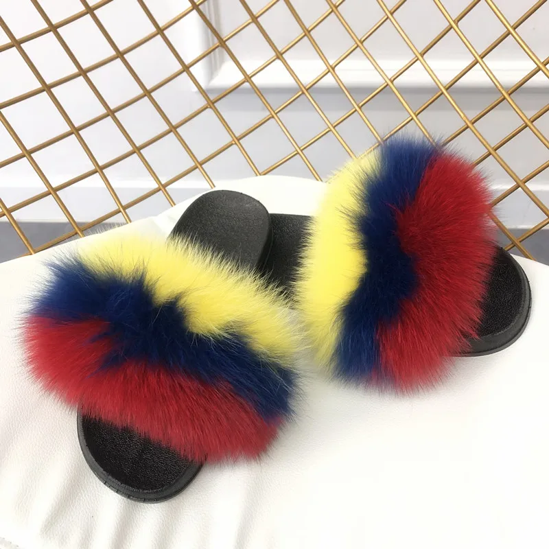 red blue yellow ZDFURS/; Лидер продаж; женские шлепанцы с лисьим мехом; Разноцветные Летние модные шлепанцы; женские меховые домашние Вьетнамки; пляжные сандалии - Цвет: red blue yellow