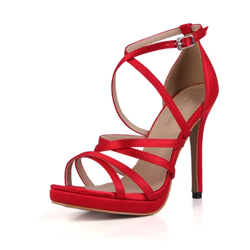 Red Satin CHMILE CHAU/блестящие пикантные женские туфли для свадебной вечеринки; сандалии-гладиаторы на шпильке в римском стиле с пряжкой и ремешком на щиколотке; 0640A-4c - Цвет: Red Satin