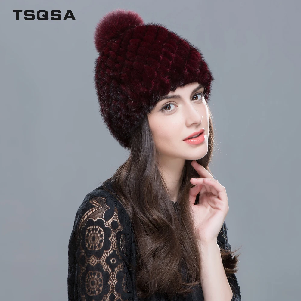 TSQSA Натуральный Енот Норки Шапки Мех Шляпа для Женщин Зима Лиса Меховые Помпоны