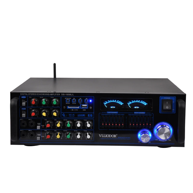 DS-1058 Bluetooth усилитель KTV Караоке домашний аудио поддержка USB SD 4 микрофона вход с двойным 7 диапазоном эквалайзер 150 Вт+ 150 Вт