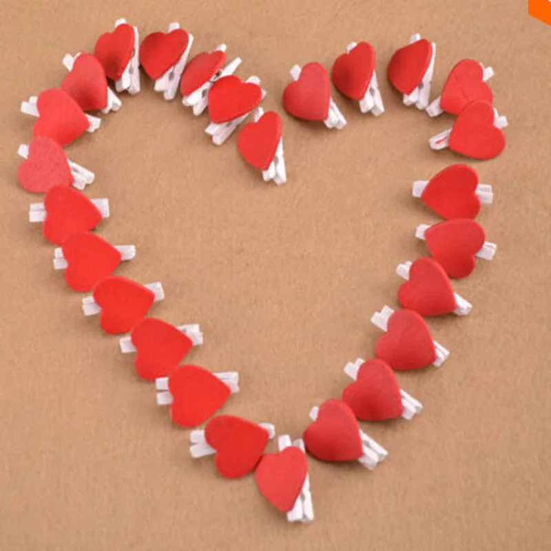 100 шт./лот Деревянные Прищепки для одежды с красным сердцем прищепки фотографий