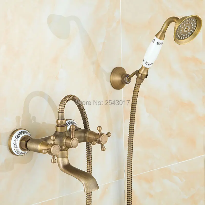

Ceramic Shower Faucet Bathroom Wall Mounted Telephone Type Antique Bronze Shower Set with Hand Shower Swivel Spout ZR009