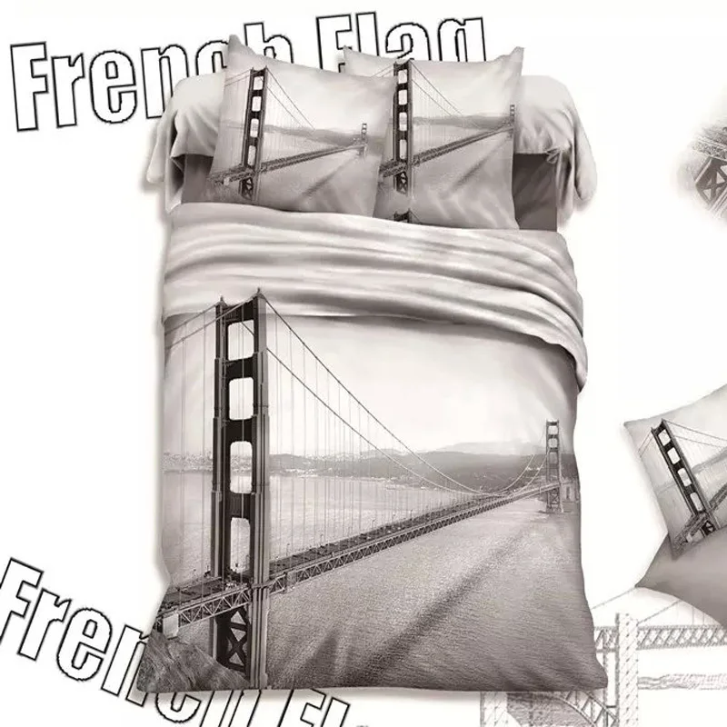

Groovy British Style 3D Bridge Grey Bedding Set Queen King Size Bed Sheet Duvet Cover Sets Pure Cotton Textile Bedroom Sets 4pcs