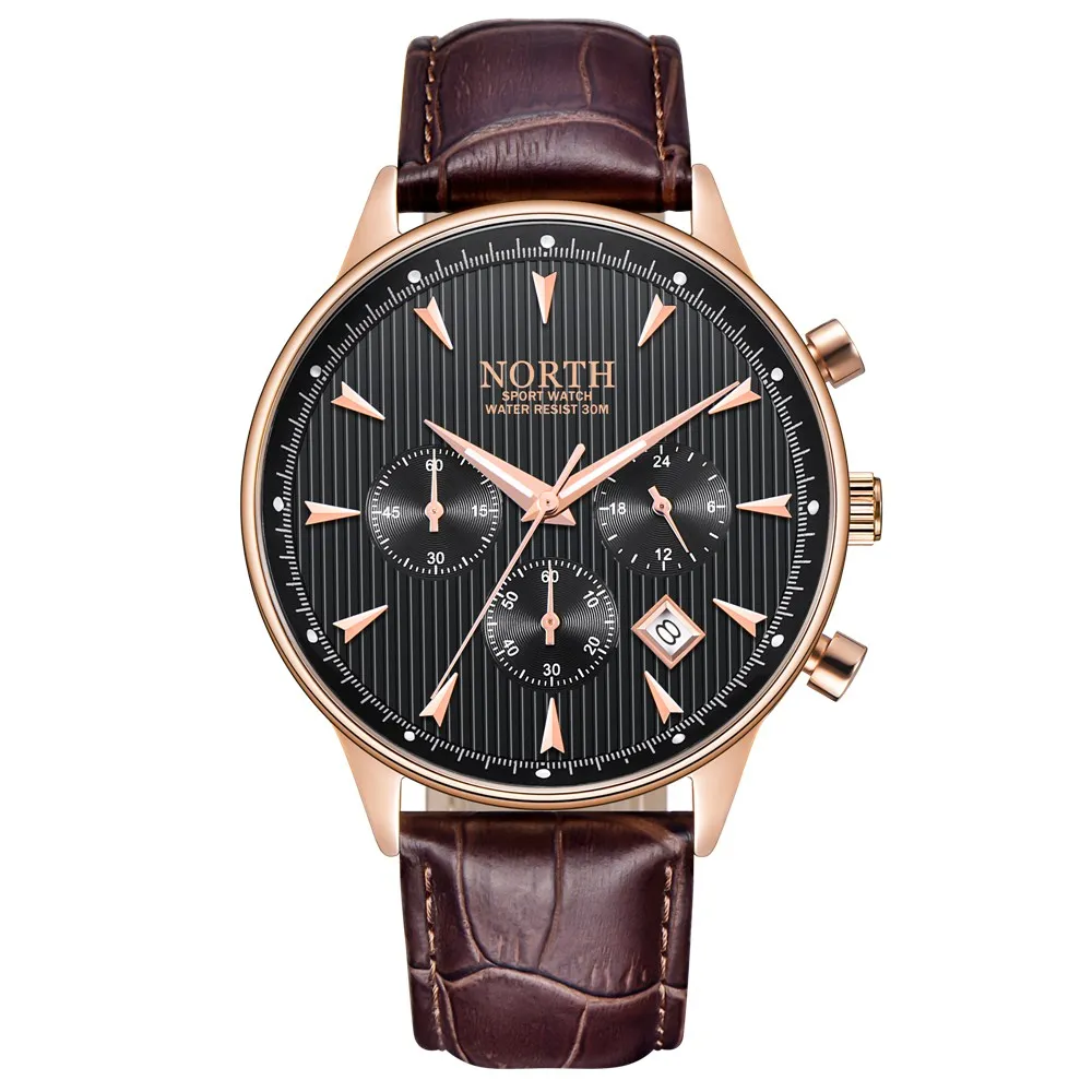 Rose Gold Black Мужские деловые часы, роскошные модные спортивные повседневные кварцевые наручные часы с календарем из натуральной кожи, многофункциональные мужские часы в подарок - Цвет: Rose Gold Black