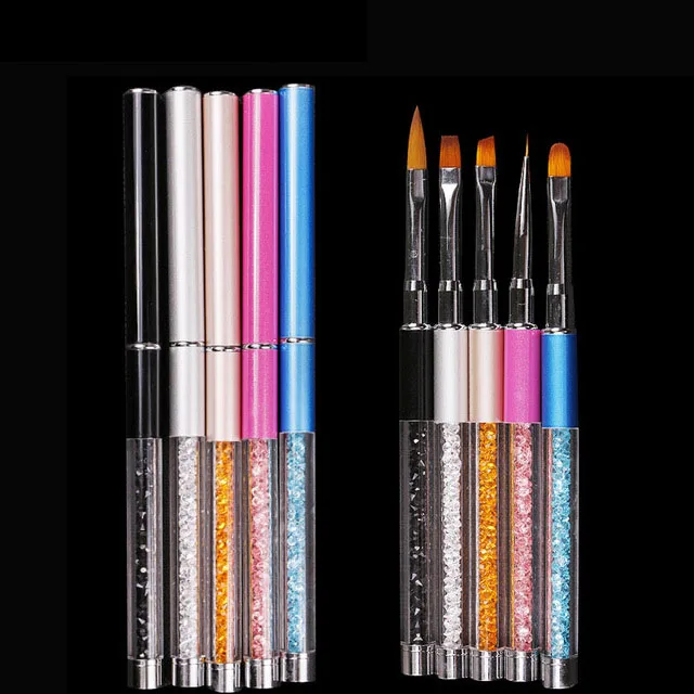 5pcs set 5 шт./компл. дизайн ногтей, ручка с кисточкой стразы Алмазная металлическая акриловая ручка резьба порошковый Гель жидкий салонный лайнер, щетка для ногтей с крышкой - Цвет: 5pcs set