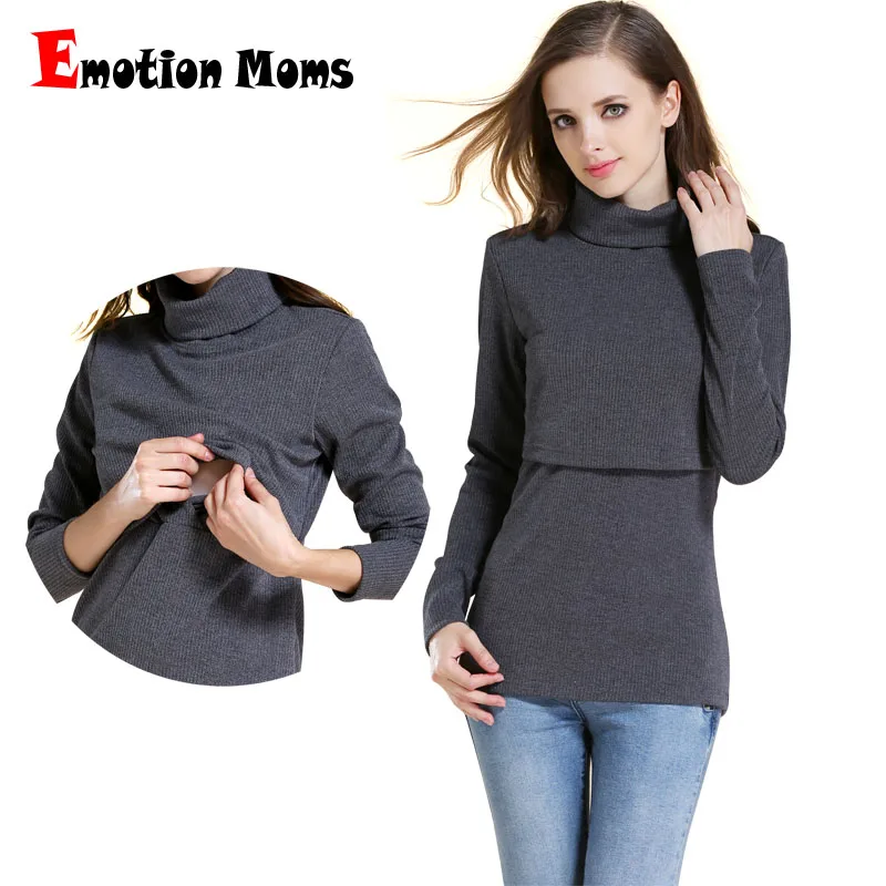 Emotion Moms-Camiseta de maternidad de algodón de manga larga para mujer embarazada, Tops de lactancia, ropa de lactancia, cuello alto, cálida, Invierno