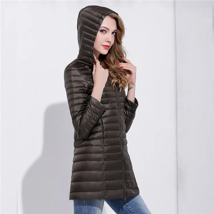 Hood-Army Green Новинка, Осень-зима, модный тонкий длинный пуховик для женщин, ультра-светильник, 90% белый утиный пух, куртка с капюшоном, ветрозащитная женская верхняя одежда Mw144 - Цвет: Hood-Army Green