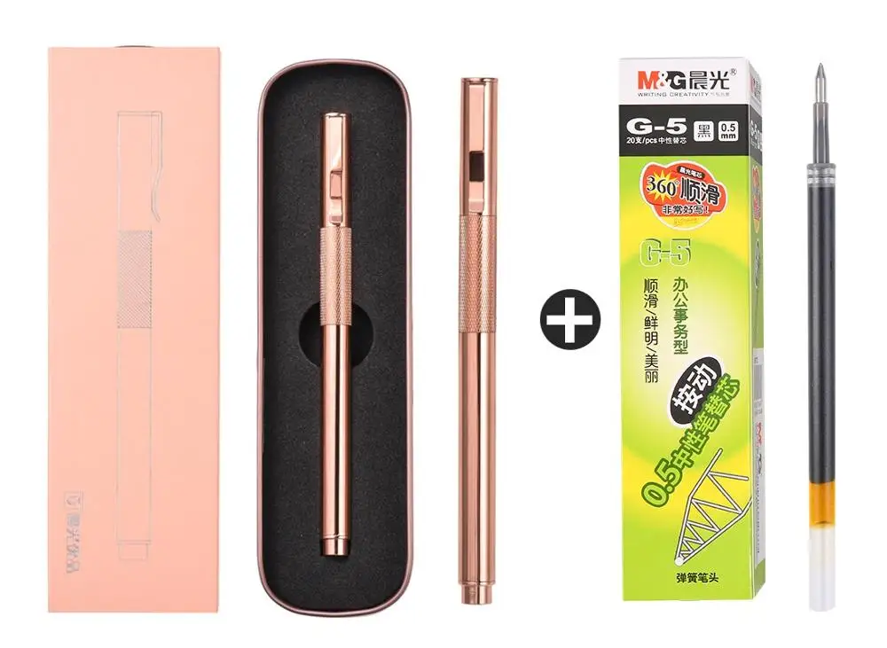 21 Rose Golden Cap M& G розовая Золотая роскошная ручка, Подарочная Роскошная металлическая ручка, 0,5 мм, нержавеющая сталь, stylo bille de Lux, черные гелевые чернила, ручки с набором коробок - Цвет: 21 Rose Golden Cap