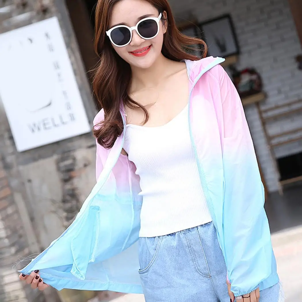 Women Casual Long Sleeve High Collar Hooded Loose Gradient Color Ultra-light Sun Protection Coat Regular | Женская одежда