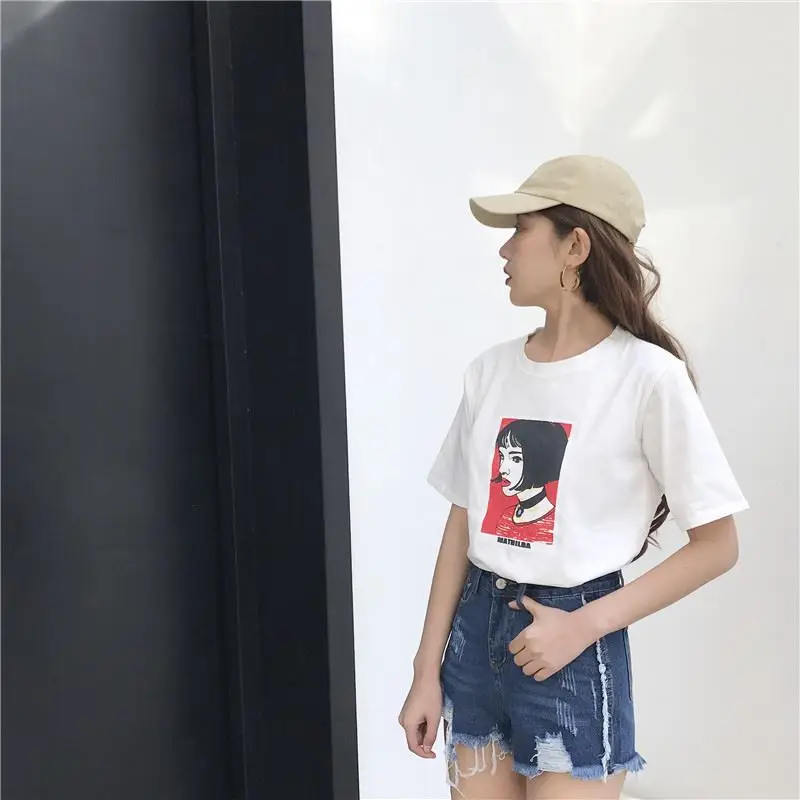 Kawii милый Mathilda Leon Профессиональный Весна и Лето Южная Корея ulzzang Harajuku стиль голова портрет свободная футболка femal