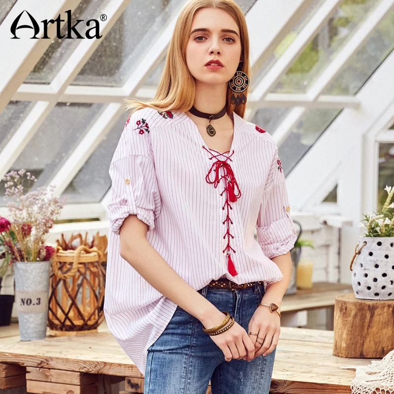 ARTKA Лето 2018 новая вышивка повязки Досуг свежий полосатый рубашка кисточки