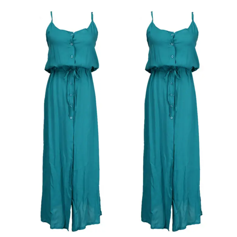 Женское однотонное платье-макси без рукавов с разрезом на пуговицах синее модное