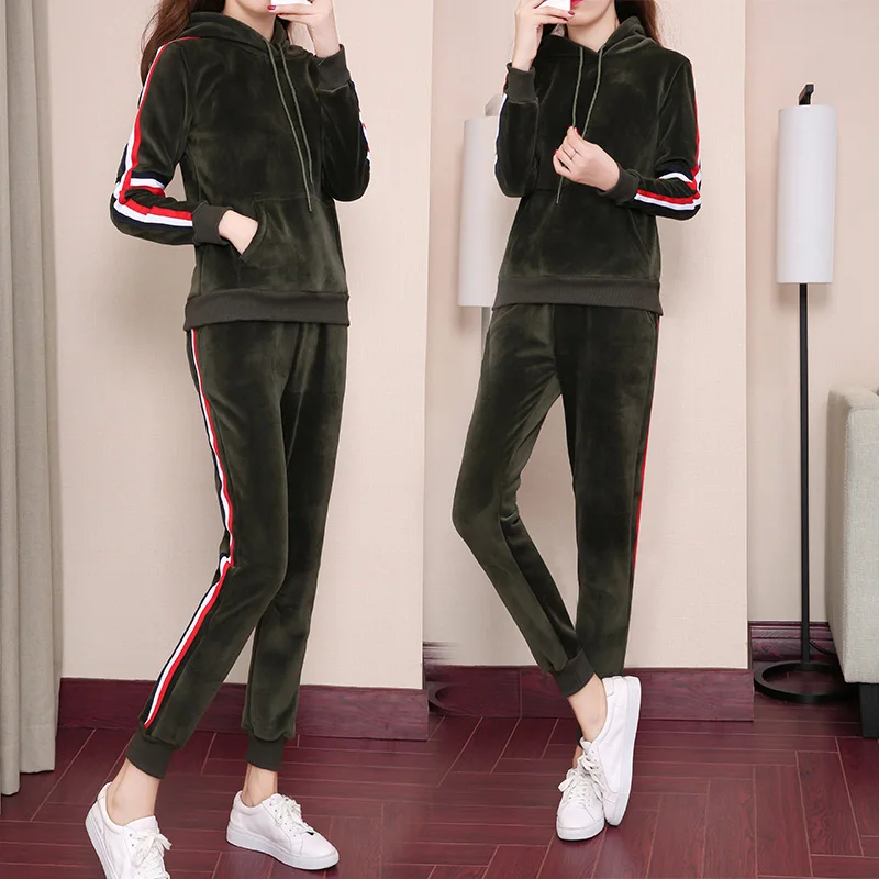 

European pleuche suit women thickening velvet suits autumn winter fleece two-piece fashion hoodies pants lady casual clothes