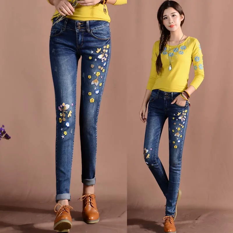 Плюс Размеры Для женщин с цветочной вышивкой зауженные джинсы весна лето дамы