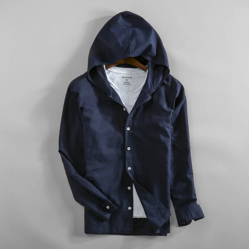 Dark Blue Новинка, Льняная мужская Тонкая куртка для отдыха, рубашка с капюшоном, мужские куртки, Повседневная Уличная одежда, дышащая мужская куртка, натуральная льняная рубашка - Цвет: Dark Blue