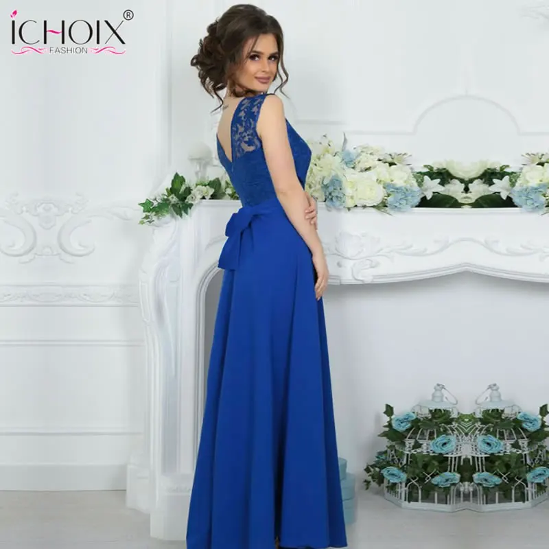 

2019 women long summer dress lace mesh floor length dress patchwork sleeveless elegant evening party maxi dresses vestido S-2XL