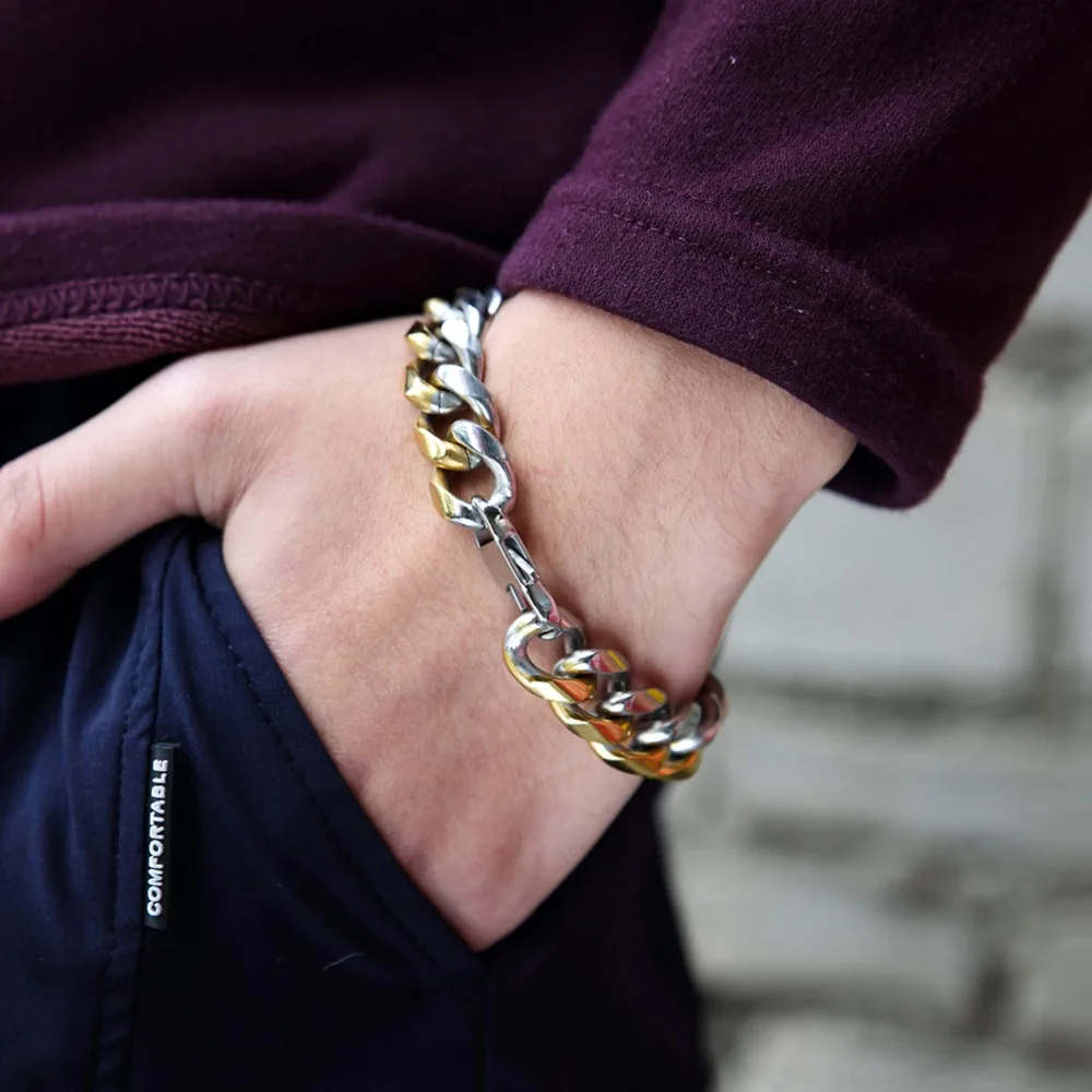 Мужской браслет в стиле хип-хоп Rock золотой цвет цепочка с кубинской цепочкой из