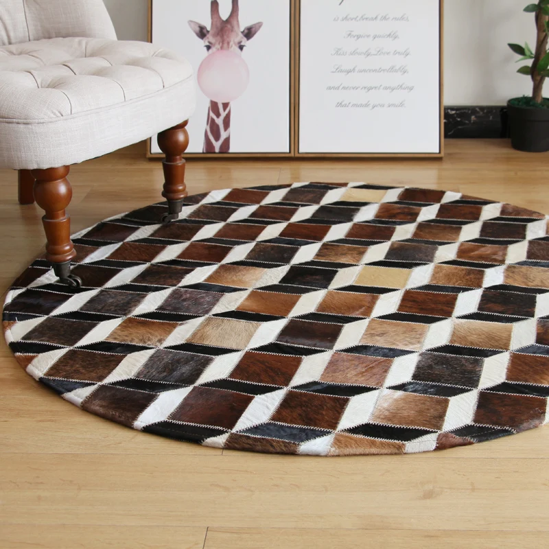 

2018 New High Quality Patchwork Cowhide Rug Circle Cow Fur Carpet Leather Cow Hide Area Round Cowskin Carpet