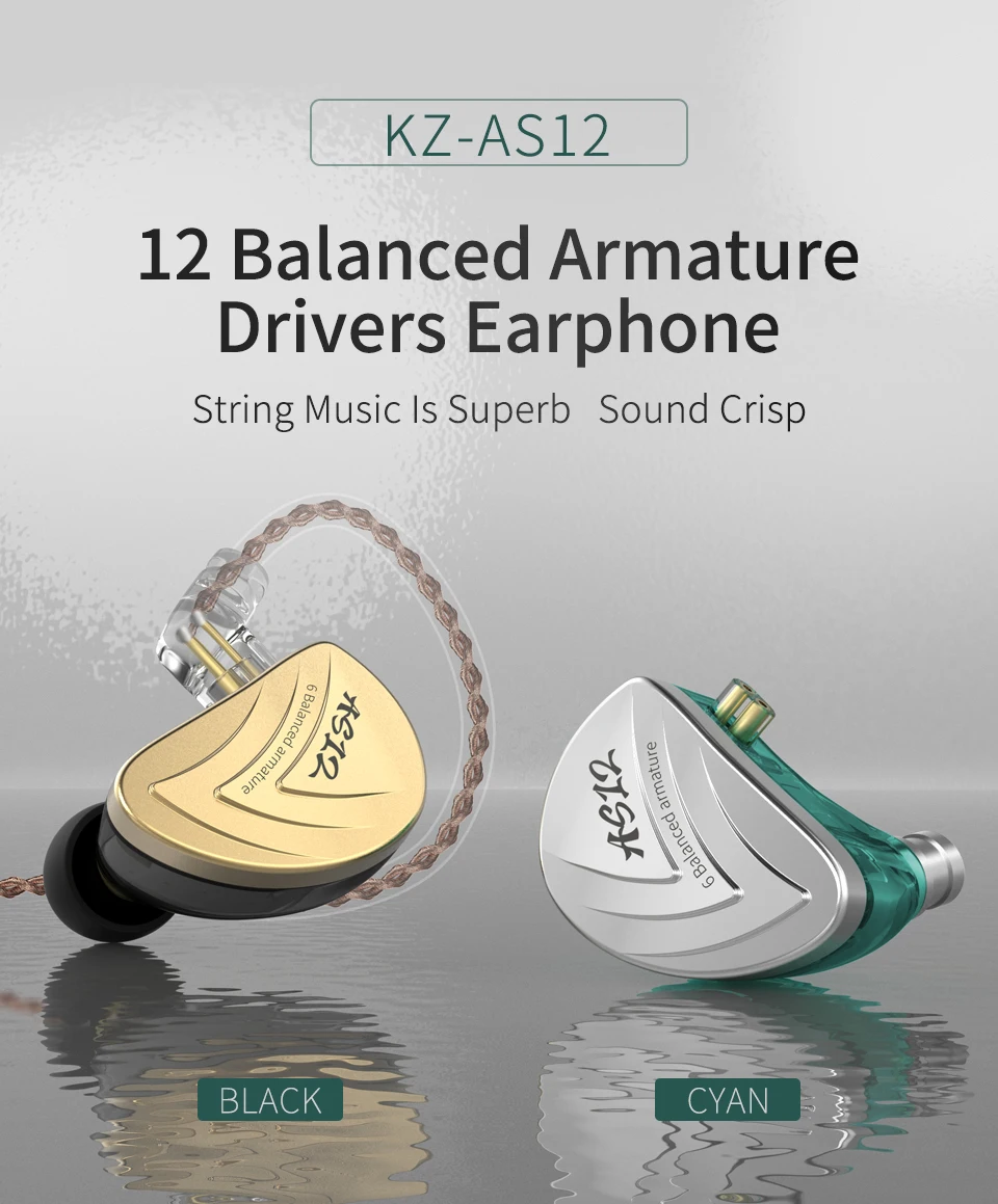KZ AS12 Earphones 12BA Balanced Armature Drives HIFI Bass In Ear Monitor Headset Noise Cancelling Earbuds Zinc Alloy Headphones