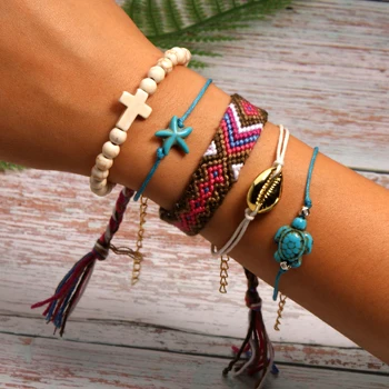 16 MOON GIRL 5 Pieces Puka Shell Bracelet Set Turtle Starfish Cross Beads Boho Weave Bracelet for Women Friendship Jewelry Dropship - Metal Color: 16