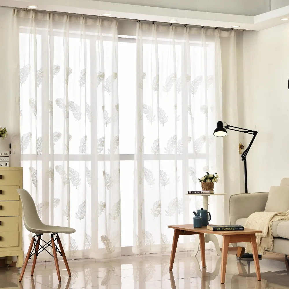 Шторы из вуали с вышивкой и белыми перьями для гостиной спальни прозрачные шторы