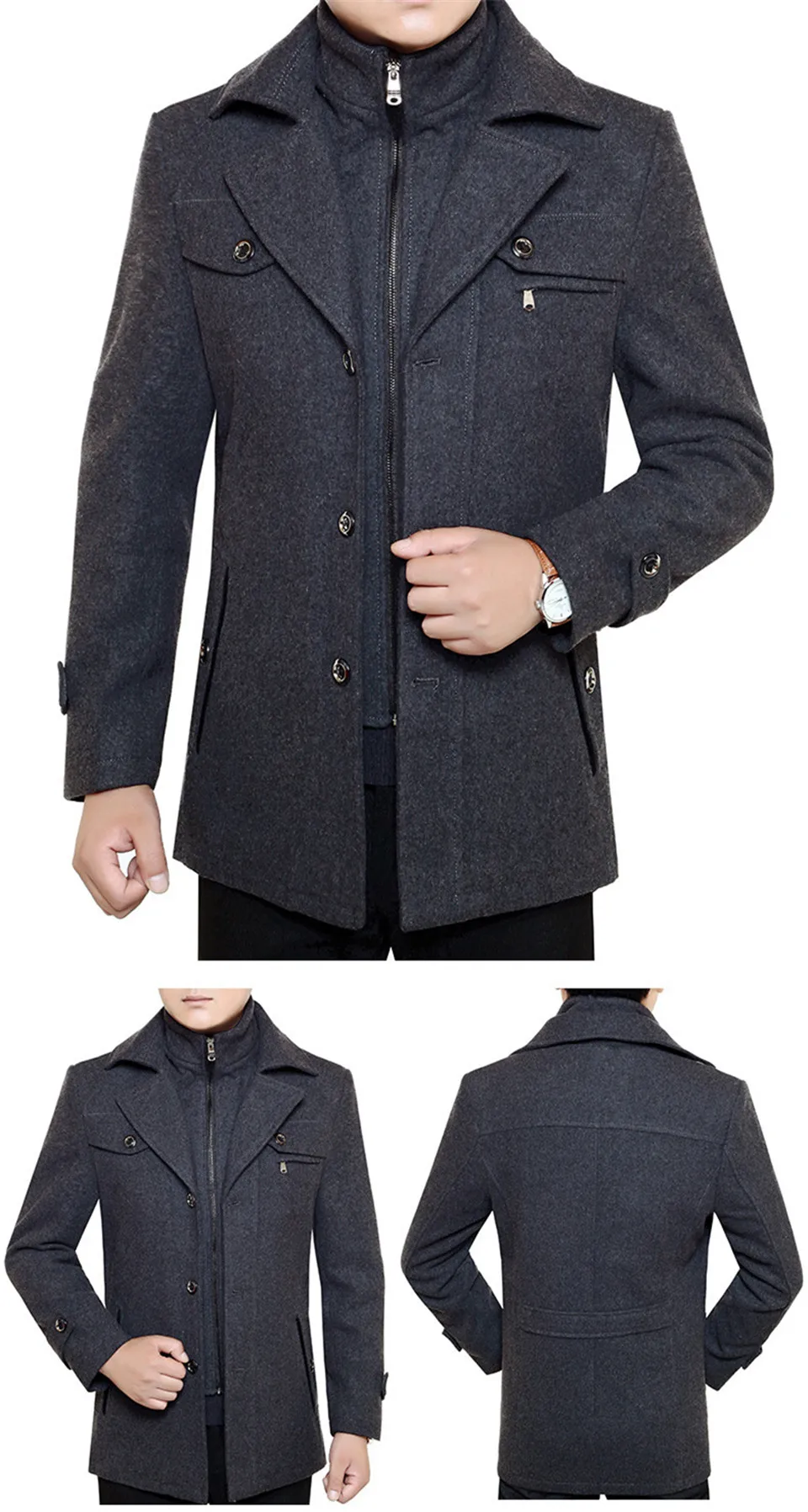 Mens Fashion Boutique Wool Pure Color Business Standing Collar Woolen Dust Coats / Male Quality Slim Leisure Trench Coats