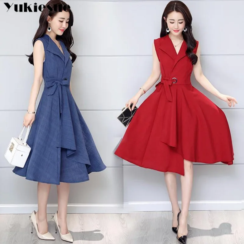 2019 летнее платье без рукавов офисное женское повседневное A Lin v образный вырез
