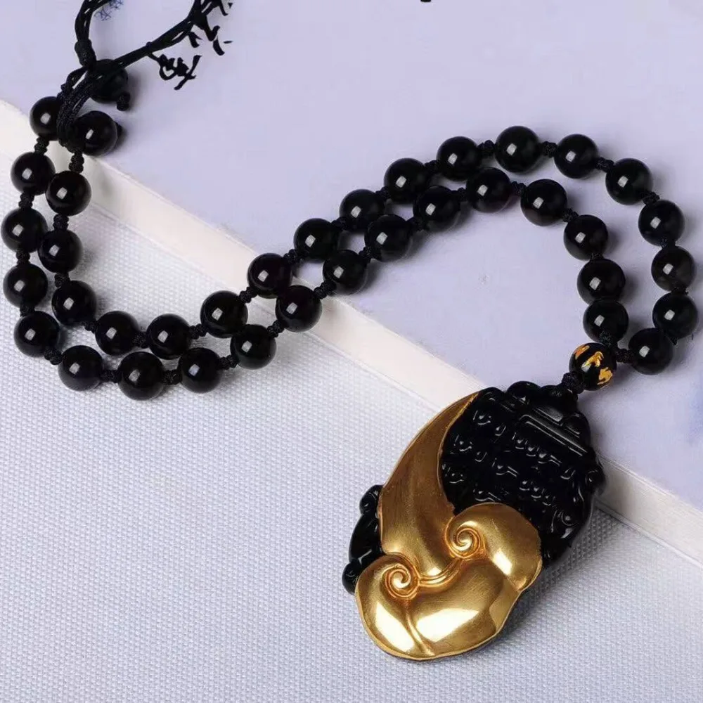 Оптовая продажа Золотой + натуральный черный обсидиан резной амулет Руи