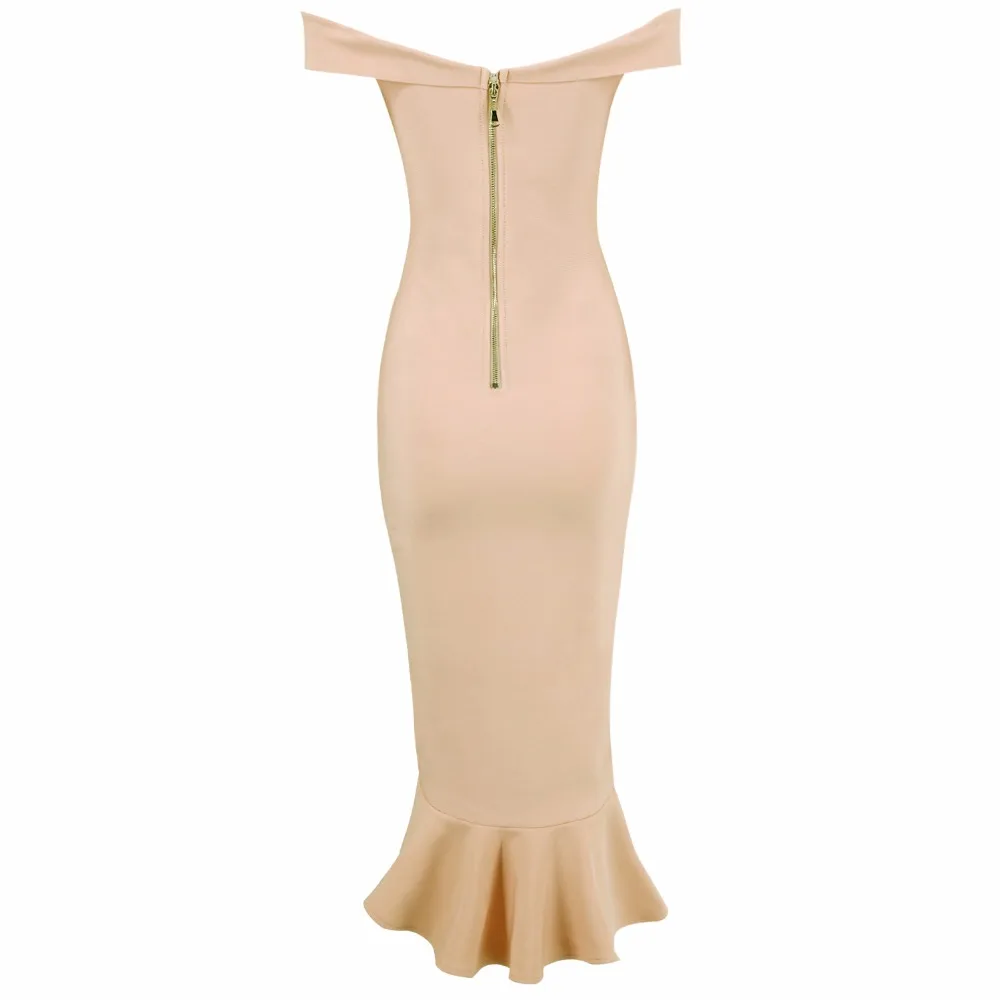 Элегантное Клубное платье миди с воротником лодочкой открытыми плечами и