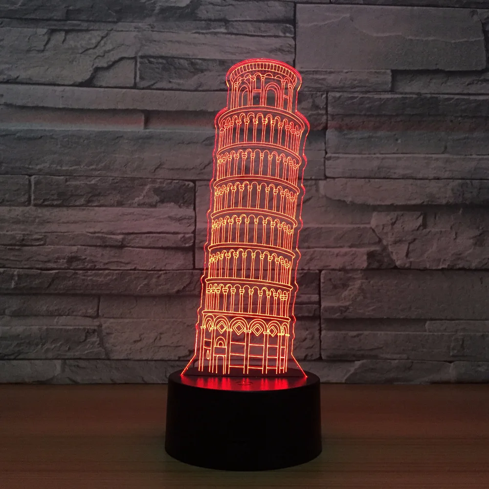 Пизанская башня 3D 7 цветов лампа визуальные Светодиодные ночные светильники для