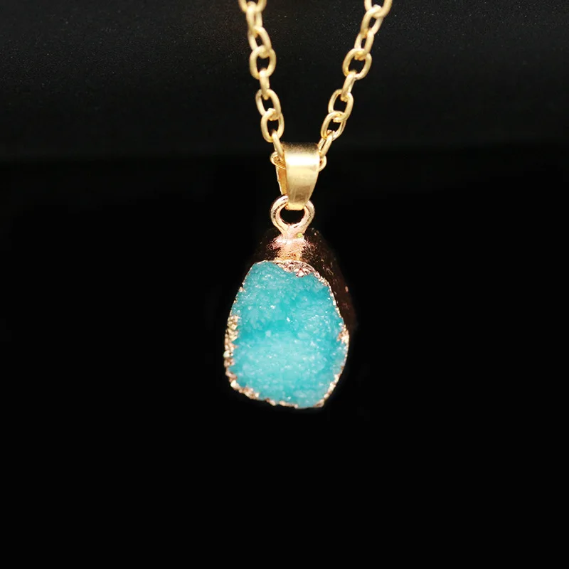 Rough Blue Crystal Surface Geometric Stone Pendant Golden Necklace for Women Around 54 cm | Украшения и аксессуары