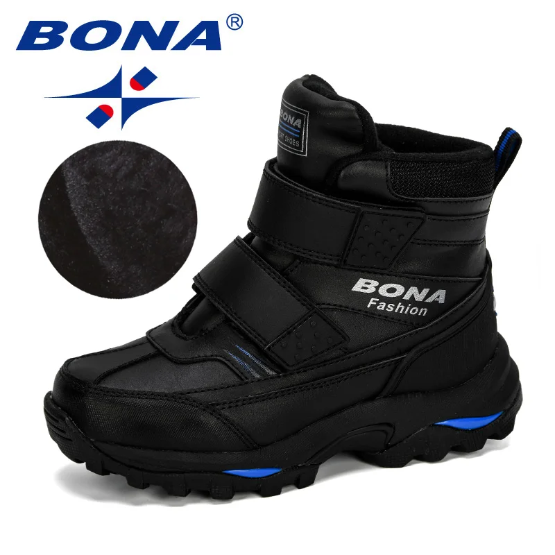 Black royal blue BONA/Новинка года; популярные ботильоны для мальчиков; Детские мотоциклетные ботинки на липучке; нескользящие уличные ботинки для походов; зимняя обувь для мальчиков - Цвет: Black royal blue
