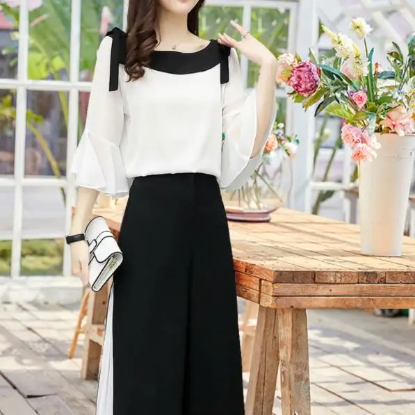 Женский шифоновый костюм-двойка комплект из блузки с широкими штанинами и брюк