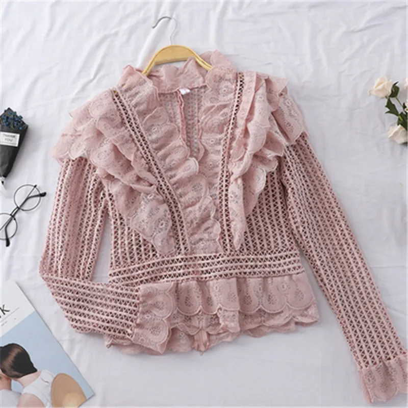 Сладкие полые Кружева Раффлед рубашки с воротником-стойкой сращены Кружева плиссированные блузки Лотос многослойные с длинными рукавами OL рубашка ZY4462 - Цвет: Розовый