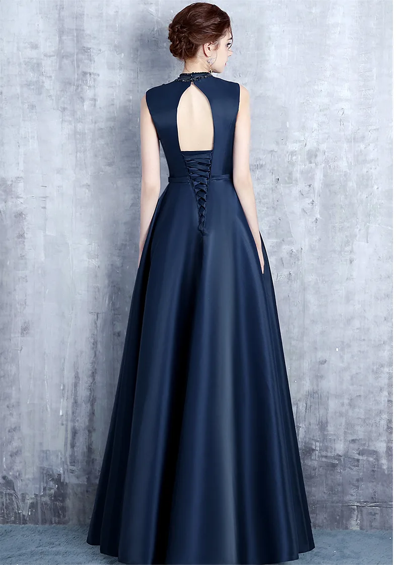 Vestido de madrinha de casamento longo высокая шея кружевная обувь с украшением в виде кристаллов трапециевидной формы военно-морской флот голубое платье для подружки невесты красивое Свадебный вечерний для жениха