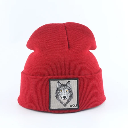 wolf red Новая модная мужская шапка с вышивкой в виде животного волка, зимние шапки, вязаные шапки для мужчин, уличная одежда в стиле хип-хоп, шапка Skullies - Цвет: wolf red