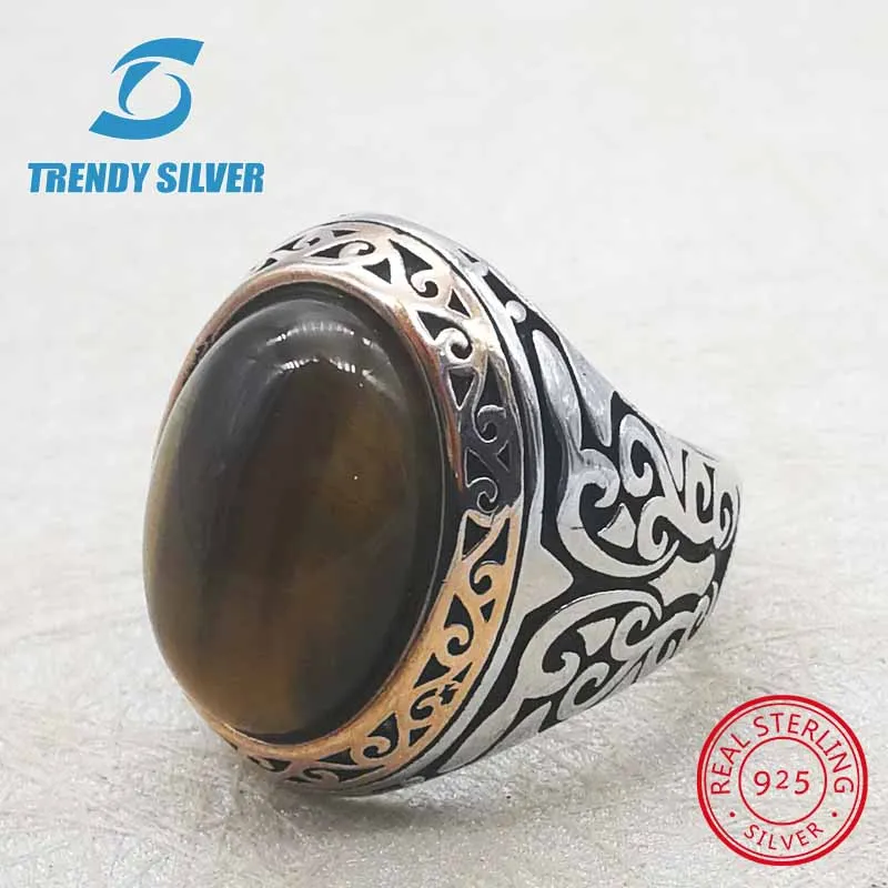 Серебро 925, ювелирные изделия, мужские кольца, мужские аксессуары, бирюзовый драгоценный камень, натуральный оникс, агат,, Трендовое серебро - Цвет камня: tiger eye
