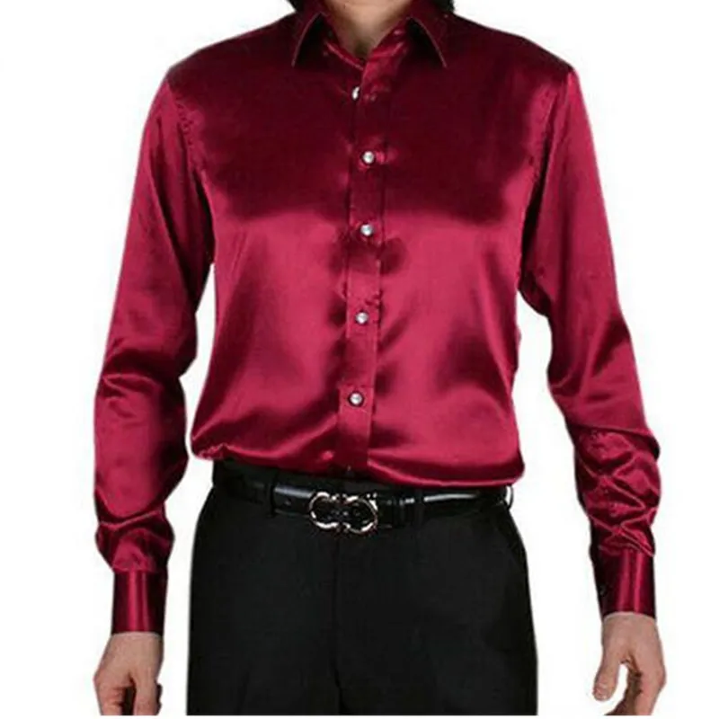 Рубашка мужская с длинным рукавом блестящая атласная деловечерние одежда для