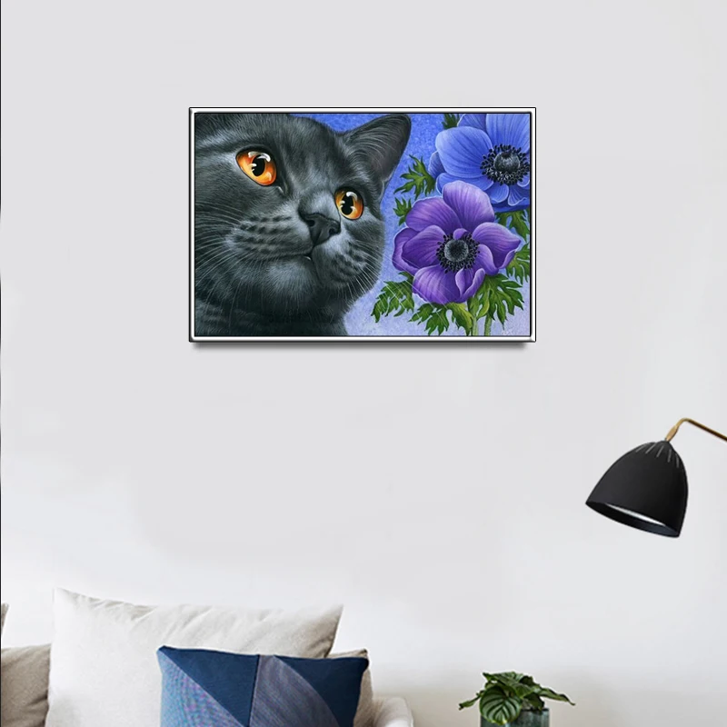 5D DIY алмазная живопись полная вышивка круглая Алмазная Черный кот и цветок