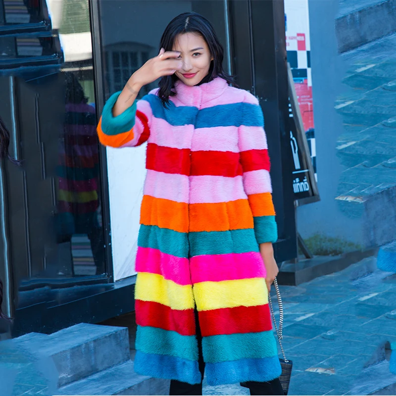 Женская шуба из натурального меха норки LVCHI длинное Радужное приталенное пальто