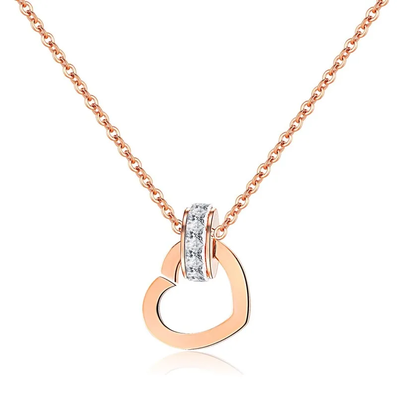 Sweet Pendant Necklaces Heart Rose Gold Stainless Steel Round Pure White Cubic Zircon Link Chain Romantic Designer Women Jewelry | Украшения