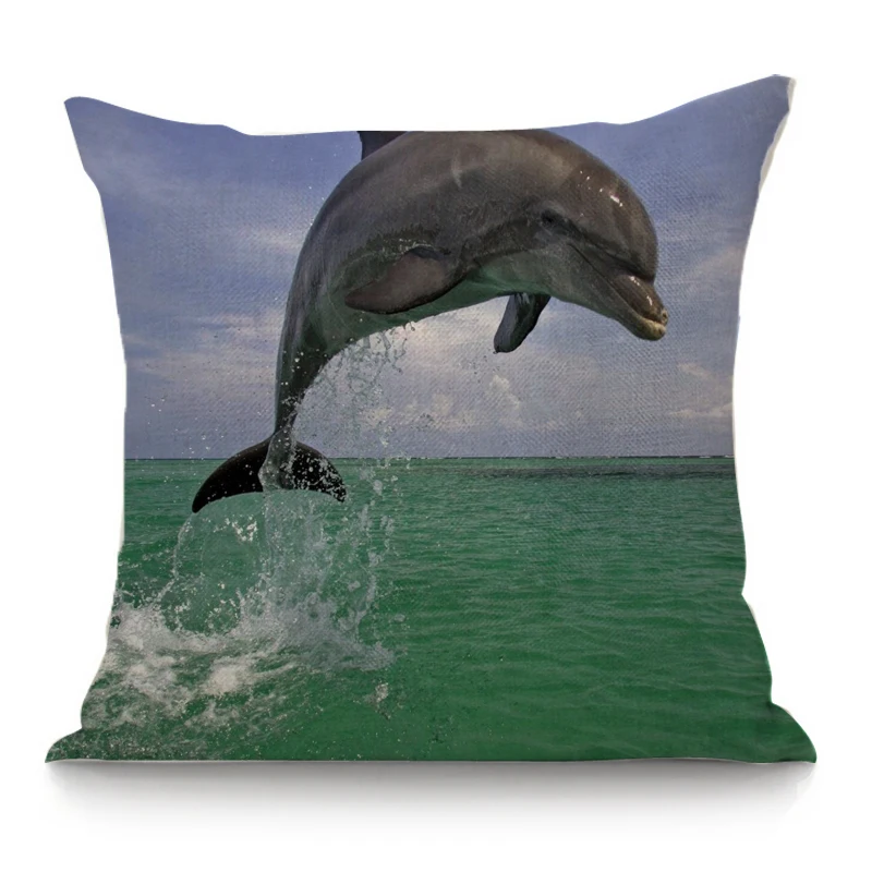 Льняная хлопковая наволочка с изображением дельфина мультяшным рисунком для