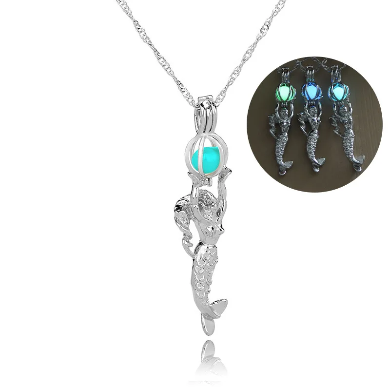

1pcs Luxury Glow In The Dark Mermaid necklaces Glowing Hollow luminous stone cage pendant Link Chains For women Fashion Jewelry