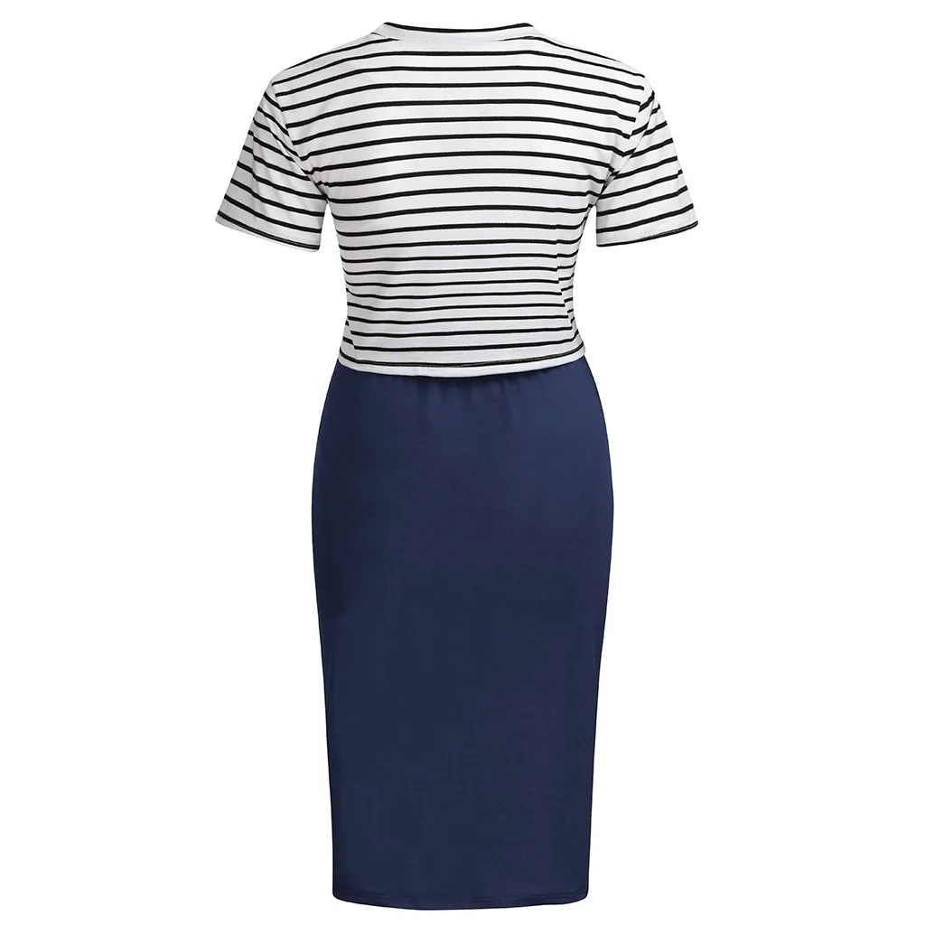 Women's Maternity Pregnanty Summer Dress O-Neck Short Sleeve Stripe Split for Pregnant Women Dresses 2019 | Мать и ребенок