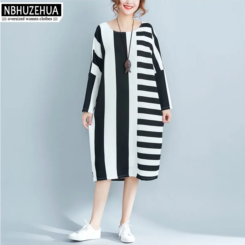 Фото NBHUZEHUA 7G561 платье большого размера женское 2018 весенне-летнее в полоску большие