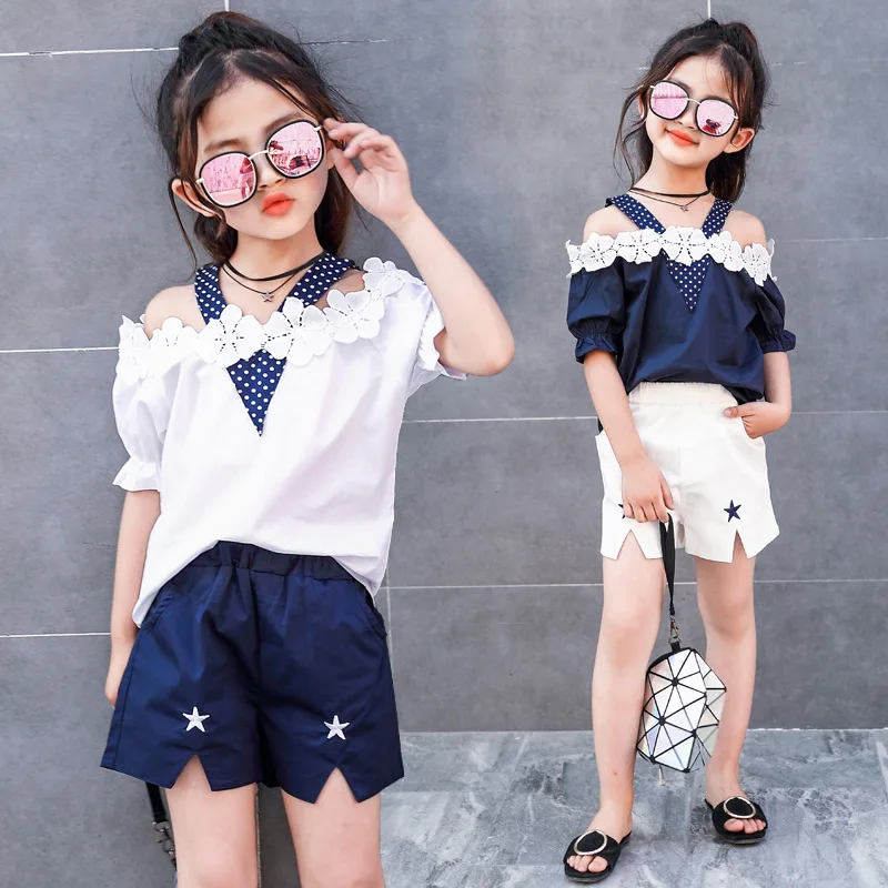 

kids sets 2018 sweet beauty children's set, summer leisure shoulder flower two sets.baby girl clothes