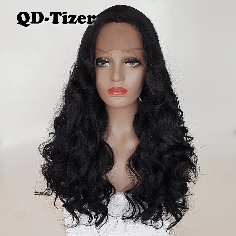 QD Tizer Body Wave черный цвет с челкой кружевные парики без клея крупные волнистые