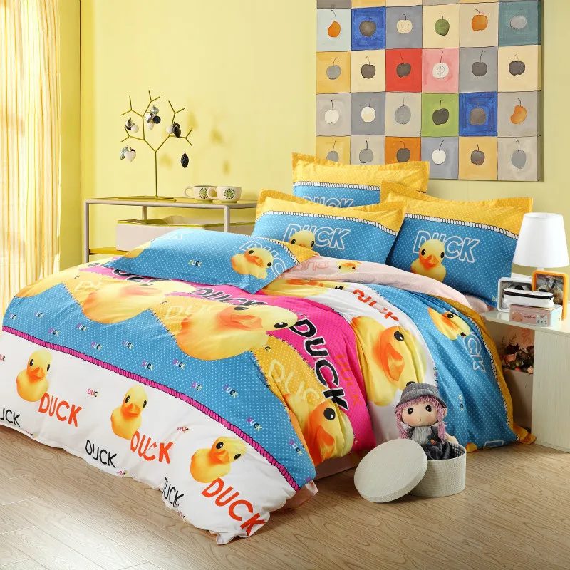 White Blue Cartoon 100% Cotton kids 4PCS Bedding set sheet Duvet Cover home textiles :Rubber duck | Дом и сад